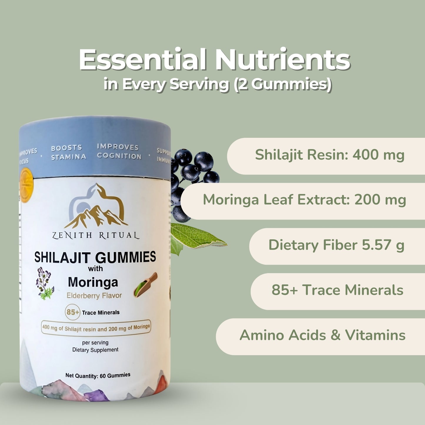 Pure Himalayan Shilajit & Moringa Gummies – Elderberry Flavor - 60 Gummies - Dietary supplements