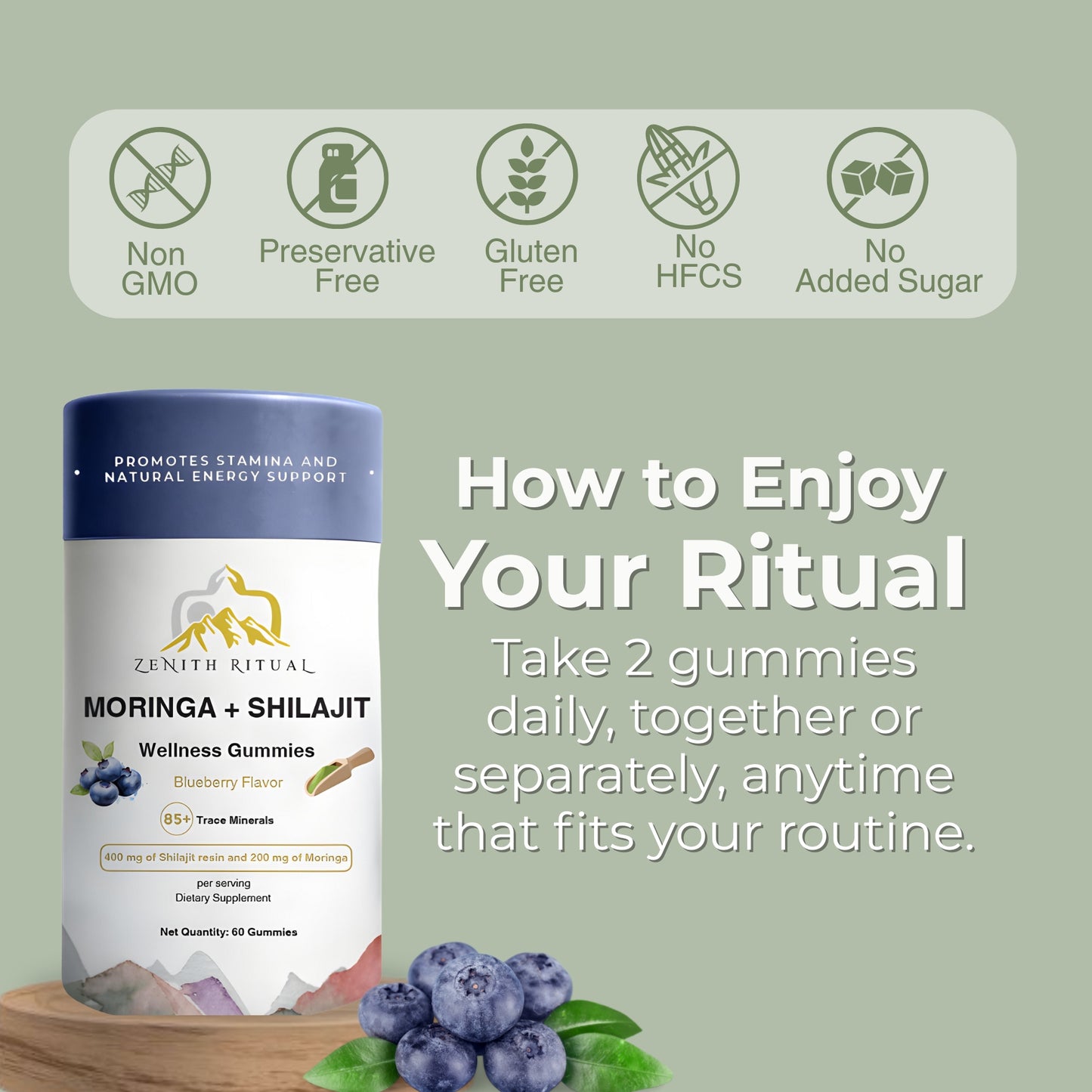Moringa + Shilajit Wellness Gummies | Blueberry Flavored